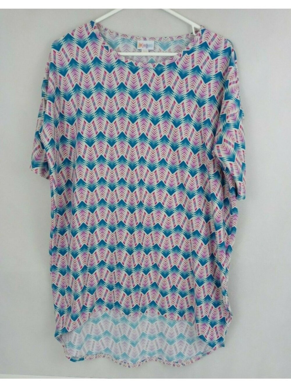LuLaRoe Irma Tunic Blue & Pink Chevron Design Size XXS Oversized